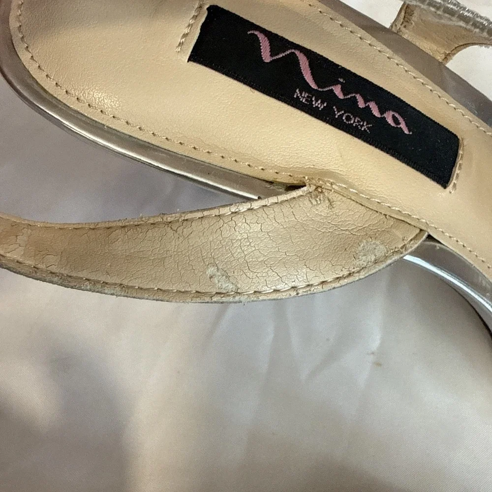 Y2K Silver Nina Heels Size 8.5 Glitter Slingback Sandals, Strappy Glam Look New